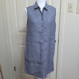 TAHARI Sleeveless Button-Front 100% Linen Shirt Dress-Blue Swimsuit Cover  Sz L